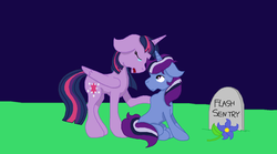 Size: 1152x642 | Tagged: safe, artist:summersketch-mlp, twilight sparkle, oc, oc:dusk star, alicorn, pony, kindverse, g4, crying, female, gravestone, implied death, implied flash sentry, male, mother and son, parent:silver script, parent:twilight sparkle, parents:twiscript, twilight sparkle (alicorn)