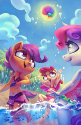 Size: 1181x1838 | Tagged: safe, artist:holivi, apple bloom, scootaloo, sweetie belle, fish, anthro, plantigrade anthro, g4, armpits, barefoot, beach, belly button, bikini, clothes, cutie mark crusaders, feet, female, filly, foal, midriff, sports, sun, swimsuit, tankini, volleyball, water
