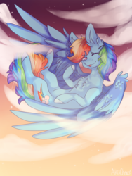 Size: 768x1024 | Tagged: safe, artist:akiiichaos, rainbow dash, pegasus, pony, g4, chest fluff, cloud, female, flying, mare, one eye closed, redraw, signature, sky, solo, stars, tongue out, unshorn fetlocks, wink