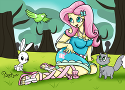 Size: 1200x864 | Tagged: safe, artist:bandijones, angel bunny, fluttershy, bird, cat, rabbit, equestria girls, g4, my little pony equestria girls: better together, anatomically incorrect, breasts, busty fluttershy, clothes, feet, grass, high heels, open mouth, shoes, tree