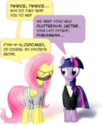 Size: 3151x3816 | Tagged: safe, artist:nicolaykoriagin, fluttershy, twilight sparkle, pegasus, pony, fanfic:cupcakes, g4, gag, hannibal lecter, high res, implied pinkie pie, muzzle gag, simple background, white background