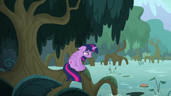 Size: 1280x720 | Tagged: safe, screencap, twilight sparkle, alicorn, pony, g4, the mean 6, everfree forest, female, floppy ears, folded wings, frown, looking down, mangrove tree, mare, sad, solo, sulking, swamp, tree, twilight sparkle (alicorn), wings