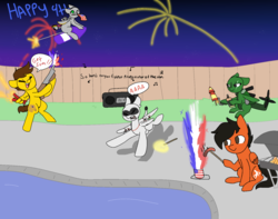 Size: 1560x1230 | Tagged: safe, artist:nootaz, oc, oc only, oc:blu skies, oc:chaser, oc:red sands, oc:seasprite, oc:sierra summit, original species, pegasus, plane pony, pony, 4th of july, a-10 thunderbolt ii, alcohol, american independence day, commission, dos gringos, fireworks, grill, gun, holiday, independence day, lighter, lockheed corporation, mi-24, p-3 orion, pegasus oc, plane, shotgun, song reference, weapon, whiskey