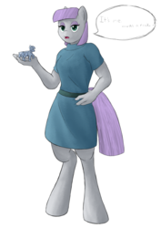 Size: 877x1240 | Tagged: safe, artist:alixnight, maud pie, earth pony, anthro, g4, clothes, dress, female, simple background, solo, speech bubble, white background