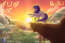 Size: 3000x2000 | Tagged: safe, artist:sinrinf, pony, advertisement, cliff, commission, high res, scenery, sky, solo, sunset, your character here