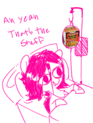 Size: 882x1166 | Tagged: safe, artist:whydomenhavenipples, oc, oc only, oc:floor bored, pony, aw yeah, bed, food, funny, hospital, hospital bed, instant noodles, instant ramen, intravenous, maruchan, noodles, ramen, solo, wat