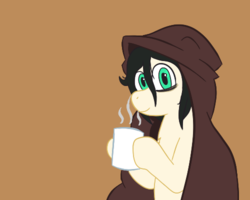 Size: 500x400 | Tagged: safe, artist:scraggleman, oc, oc only, oc:floor bored, earth pony, pony, blanket, coffee, coffee mug, comfy, hoof hold, looking at you, messy mane, mug, smiling, solo