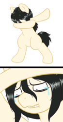Size: 400x768 | Tagged: safe, artist:scraggleman, oc, oc only, oc:floor bored, earth pony, pony, semi-anthro, 2 panel comic, bipedal, chest fluff, comic, crying, dab, female, gritted teeth, looking down, mare, messy hair, messy mane, messy tail, sad, sad dab, simple background, solo, teary eyes, teeth, wavy mouth, white background, wide eyes