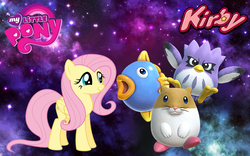 Size: 1440x900 | Tagged: safe, artist:arcgaming91, artist:twls7551, fluttershy, bird, fish, hamster, owl, sunfish, g4, coo (kirby), crossover, kine, kirby (series), kirby star allies, rick (kirby)