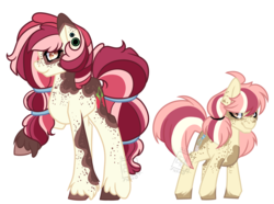 Size: 3175x2358 | Tagged: safe, artist:vintage-owll, oc, oc only, oc:cookie dough (nazo), oc:raspberry bloom, pony, coat markings, duo, female, filly, high res, mare, offspring, parent:apple bloom, parent:pipsqueak, parents:pipbloom, simple background, sisters, unshorn fetlocks, white background
