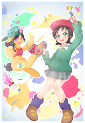 Size: 1250x1800 | Tagged: safe, artist:pika-chany, fresh coat, human, pony, unicorn, g4, adeleine, beret, blushing, clothes, crossover, duo, duo female, female, hat, kirby (series), levitation, looking at you, magic, mare, open mouth, open smile, paint can, paintbrush, palette, shirt, skirt, smiling, telekinesis