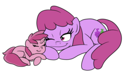 Size: 738x452 | Tagged: safe, artist:bennimarru, berry punch, berryshine, ruby pinch, earth pony, pony, unicorn, g4, eyes closed, female, like mother like daughter, like parent like child, lying down, mother and daughter, one eye closed, simple background, transparent background