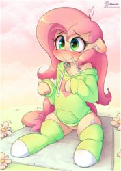 Size: 1415x2000 | Tagged: safe, artist:hoodie, fluttershy, semi-anthro, g4, biting, blushing, clothes, cute, daaaaaaaaaaaw, female, floppy ears, flower, grass, heart, hnnng, hoodie, hoodie is trying to murder us, human shoulders, lace in mouth, precious, shyabetes, sitting, smiling, socks, solo, sweater, weapons-grade cute