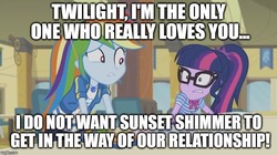 Size: 854x479 | Tagged: safe, rainbow dash, twilight sparkle, equestria girls, g4, female, implied lesbian, implied shipping, implied sunset shimmer, implied sunsetsparkle, lesbian, op is a duck, op is trying to start shit, ship:twidash, shipping