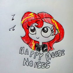 Size: 1011x999 | Tagged: safe, artist:tjpones, sunset shimmer, human, equestria girls, g4, descriptive noise, female, horse noises, music notes, solo, traditional art