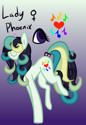 Size: 592x859 | Tagged: safe, artist:eppyminecart, oc, oc only, oc:lady phoenix, earth pony, pony, icey-verse, bow, female, gradient background, hair over eyes, magical lesbian spawn, mare, next generation, offspring, parent:coloratura, parent:songbird serenade, parents:colorenade, solo