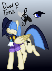 Size: 635x868 | Tagged: safe, artist:eppyminecart, oc, oc only, oc:duel tone, pegasus, pony, icey-verse, clothes, female, gradient background, hair over eyes, magical lesbian spawn, mare, next generation, offspring, parent:sapphire shores, parent:songbird serenade, parents:sapphire songbird, solo, suit