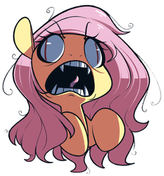 Size: 1033x1107 | Tagged: safe, artist:sourspot, fluttershy, bat pony, g4, creepyshy, fangs, female, flutterbat, looking at you, mare, open mouth, race swap, simple background, slit pupils, white background