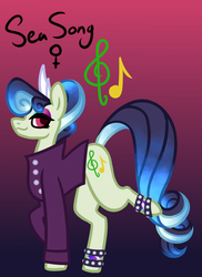 Size: 584x803 | Tagged: safe, artist:eppyminecart, oc, oc only, oc:sea song (ice1517), earth pony, pony, icey-verse, anklet, clothes, crown, eyeshadow, female, gradient background, jacket, jewelry, magical lesbian spawn, makeup, mare, next generation, offspring, parent:coloratura, parent:sapphire shores, parents:sapphiratura, regalia, solo, spiked wristband, tiara, wristband
