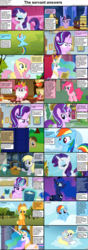 Size: 1282x3661 | Tagged: safe, edit, edited screencap, screencap, applejack, derpy hooves, doctor whooves, fluttershy, pinkie pie, princess celestia, princess luna, rainbow dash, rarity, starlight glimmer, time turner, twilight sparkle, alicorn, earth pony, pegasus, pony, unicorn, comic:celestia's servant interview, g4, griffon the brush off, luna eclipsed, marks for effort, sleepless in ponyville, slice of life (episode), swarm of the century, sweet and elite, :i, basket, bedroom eyes, book, bored, cake, caption, chocolate, cs captions, doctor who, empathy cocoa, episode needed, featureless crotch, female, food, hot chocolate, implied tempest shadow, interview, looking at you, male, mare, marshmallow, muffin, on back, ponyville, stallion, sweet apple acres, tardis, twilight sparkle (alicorn)