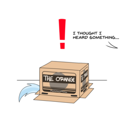 Size: 3000x3000 | Tagged: safe, artist:silver dash, trixie, g4, atg 2018, box, cardboard box, crossover, exclamation point, hiding, high res, metal gear solid, newbie artist training grounds, simple background, tail, text, the orange box, white background