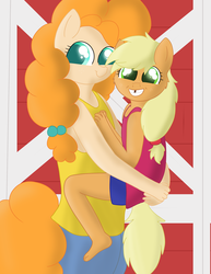 Size: 2550x3300 | Tagged: safe, artist:skyflys, applejack, pear butter, earth pony, anthro, g4, barefoot, clothes, cute, feet, female, filly, filly applejack, high res, holding, mother and daughter, smiling, younger