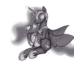 Size: 2184x1872 | Tagged: safe, artist:selenophile, nightmare moon, alicorn, pony, g4, cookie, cookie jar, cute, eating, explicit source, female, food, glowing horn, grayscale, helmet, horn, magic, mare, monochrome, simple background, sitting, solo, telekinesis, white background