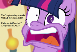 Size: 1080x720 | Tagged: safe, edit, edited screencap, editor:korora, screencap, twilight sparkle, alicorn, pony, g4, party pooped, chemistry, chemistry joke, chlorine trifluoride, cropped, faic, female, florence flask, freaking out, implied oc, solo, stupidity, text, this will end in a violently exothermic chemical reaction, this will end in chlorine trifluoride being synthesized, this will end in fire, this will end in tears and/or death, this will not end well, twilight sparkle (alicorn), you fool