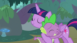 Size: 1920x1080 | Tagged: safe, screencap, spike, twilight sparkle, alicorn, dragon, pony, g4, molt down, affection, best friends, bond, cute, hug, love, mushroom, spikelove, twilight sparkle (alicorn), winged spike, wings