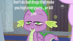 Size: 1280x720 | Tagged: safe, edit, edited screencap, screencap, spike, dragon, a matter of principals, g4, caption, high as fuck, male, poor grammar, text, winged spike, wings