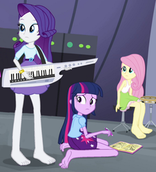 Size: 1012x1117 | Tagged: safe, edit, edited screencap, editor:grapefruitface, screencap, fluttershy, rarity, twilight sparkle, equestria girls, g4, my little pony equestria girls: rainbow rocks, barefoot, cropped, feet, fetish, foot fetish, keytar, kneeling, musical instrument, paper, pen, tambourine