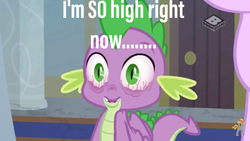 Size: 1280x720 | Tagged: safe, edit, edited screencap, screencap, spike, dragon, a matter of principals, g4, caption, cocaine is a hell of a drug, door, high as fuck, male, solo, text, winged spike, wings