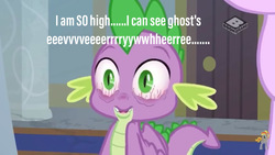 Size: 1280x720 | Tagged: safe, edit, edited screencap, screencap, spike, dragon, a matter of principals, g4, caption, door, high as fuck, male, solo, winged spike, wings