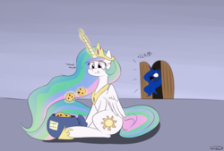 Size: 3496x2362 | Tagged: safe, artist:taurson, princess celestia, princess luna, alicorn, pony, g4, atg 2018, cookie, cookie jar, cookie thief, female, food, glowing horn, high res, horn, magic, mare, newbie artist training grounds, royal sisters, thief