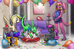 Size: 5400x3600 | Tagged: safe, artist:p5ych, oc, oc only, dragon, earth pony, pegasus, pony, anthro, absurd resolution, anthro with ponies, balloon, balloon popping, blushing, chair, clothes, commission, crossover, detailed background, feline, heterochromia, party balloon, popping, sitting, socks, stockings, stool, surprised, thigh highs, vest