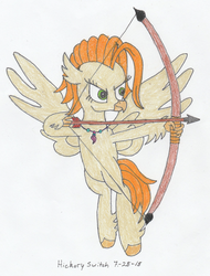 Size: 1024x1346 | Tagged: safe, artist:hickory17, color edit, edit, oc, oc only, oc:swift arrow, classical hippogriff, hippogriff, arrow, bow (weapon), bow and arrow, colored, female, floating, flying, hippogriff oc, jewelry, necklace, pearl, shooting, show accurate, simple background, solo, traditional art, weapon, white background, wings