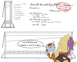 Size: 3060x2500 | Tagged: safe, artist:aaronmk, oc, oc:littlepip, pony, unicorn, fallout equestria, atg 2018, clothes, dark, eyes closed, fanfic, fanfic art, female, french, guillotine, high res, hooves, horn, mare, maximilien de robespierre, newbie artist training grounds, open mouth, raider, speech bubble, stamp, text