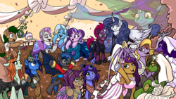 Size: 1920x1080 | Tagged: safe, artist:latecustomer, queen chrysalis, starlight glimmer, tempest shadow, trixie, oc, alicorn, changedling, changeling, pony, g4, alicorn oc, artificial wings, augmented, changeling oc, clothes, commission, dress, female, floating horn, horn, lesbian, magic, magic horn, magic wings, male, marriage, oc x oc, purified chrysalis, reformed villain, shipping, smiling, stallion, wedding, wedding dress, wings