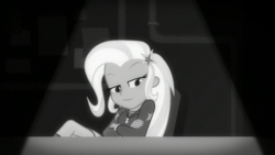 Size: 1280x720 | Tagged: safe, screencap, trixie, equestria girls, g4, my little pony equestria girls: better together, rarity investigates: the case of the bedazzled boot, rarity investigates: the case of the bedazzled boot: trixie, black and white, confident, crossed arms, crossed legs, female, grayscale, monochrome, noir, smiling, smirk, smug, solo