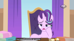 Size: 1366x768 | Tagged: safe, screencap, starlight glimmer, a matter of principals, g4, book, boomerang (tv channel), closed captioning, curtains, cute, desk, faic, gem, meme, rope, scroll, smiling, this will not end well, what could possibly go wrong, youtube caption