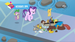 Size: 1366x768 | Tagged: safe, screencap, discord, spike, starlight glimmer, draconequus, dragon, pony, unicorn, a matter of principals, g4, boomerang (tv channel), cute, discord being discord, faic, glimmerbetes, grin, modular, not salmon, pond, smiling, thumbs up, trio, wat, water, winged spike, wings