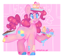 Size: 3253x2997 | Tagged: safe, artist:bunxl, pinkie pie, earth pony, pony, g4, cookie, cupcake, female, food, heart eyes, high res, mare, smiling, solo, starry eyes, wingding eyes