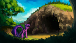 Size: 1920x1080 | Tagged: safe, artist:lollipony, twilight sparkle, alicorn, pony, g4, atg 2018, cave, eyes in the dark, female, folded wings, horn, mare, newbie artist training grounds, outdoors, scenery, sky, slit pupils, solo, tail, tree, twilight sparkle (alicorn), wings