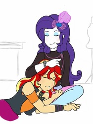 Size: 768x1024 | Tagged: safe, artist:horsegirlpodcast, rarity, sunset shimmer, display of affection, equestria girls, g4, my little pony equestria girls: better together, cuddling, drool, duo, eyes closed, female, lesbian, shipping, simple background, sunsarity, white background