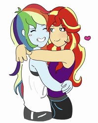 Size: 739x929 | Tagged: safe, artist:horsegirlpodcast, rainbow dash, sunset shimmer, equestria girls, g4, alternate clothes, duo, female, heart, hug, lesbian, no nose, shipping, simple background, sunsetdash, white background