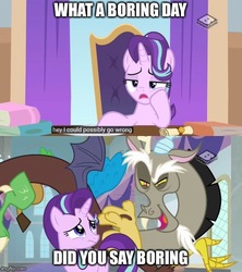 Size: 500x562 | Tagged: safe, edit, edited screencap, screencap, discord, starlight glimmer, draconequus, a matter of principals, g4, boomerang (tv channel), chair, horn, image macro, meme, wings