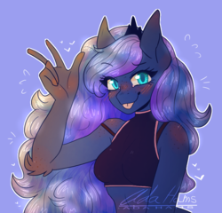 Size: 698x669 | Tagged: dead source, safe, artist:adahams, princess luna, anthro, g4, :p, blue background, blushing, bust, clothes, crown, cute, elbow fluff, female, freckles, jewelry, lunabetes, regalia, shoulder freckles, signature, silly, simple background, solo, tongue out