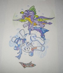 Size: 920x1067 | Tagged: safe, artist:hillbe, rarity, spike, g4, female, male, plad, ship:sparity, shipping, straight, traditional art, wings