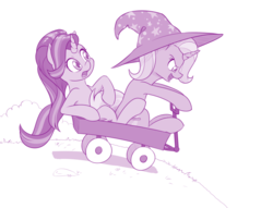 Size: 1000x764 | Tagged: safe, artist:dstears, starlight glimmer, trixie, pony, unicorn, g4, atg 2018, clothes, female, hat, mare, monochrome, newbie artist training grounds, smiling, this will end well, this will not end well, trixie's hat, wagon