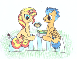 Size: 1024x784 | Tagged: safe, artist:zocidem, flash sentry, sunset shimmer, g4, female, flower, food, male, picnic, sandwich, ship:flashimmer, shipping, straight, traditional art